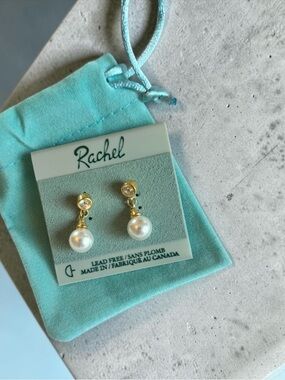 Rachel Gold Drop Earrings with White Pearl Accent